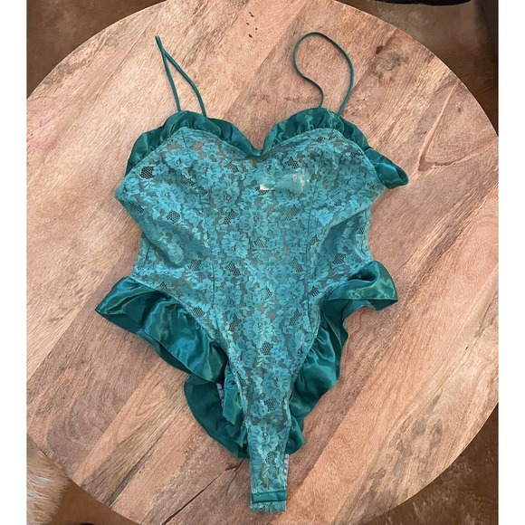 Vintage 90 s Turquoise Lace Victorias Secret Zip Up Ruffle Body Suit - Picture 1 of 5
